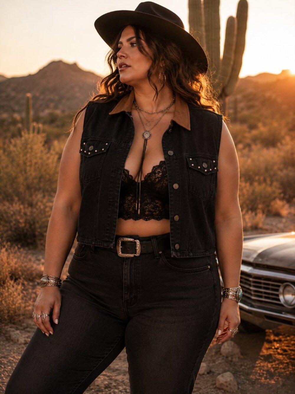 Stonebridge Western Boho Studded Utility Vest Black Denim Look Faux Suede 2X